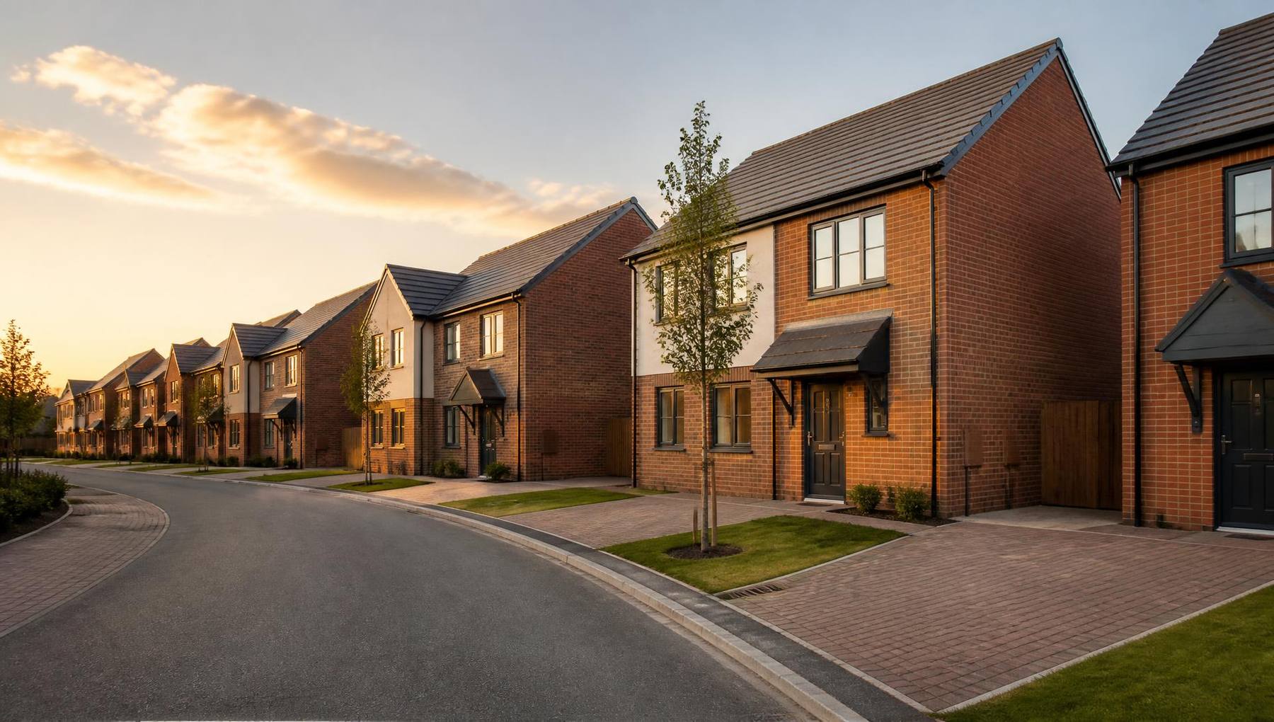 Completed street of new brick homes in East Yorkshire